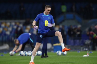 6Napoli, İtalya 23.03.2023: Uefa Avrupa Kalifiye Ligi 2024 Grubu C Grubu futbol karşılaşması öncesinde İtalya 'nın Napoli kentindeki Diego Armando Maradona Stadyumu' nda oynanan karşılaşmada Jordan Pickford.