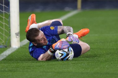 Napoli, İtalya 23.03.2023: Uefa Avrupa Kalifiye Ligi 2024 Grubu C Grubu futbol karşılaşması öncesinde İtalya 'nın Napoli kentindeki Diego Armando Maradona Stadyumu' nda oynanan karşılaşmada Jordan Pickford.