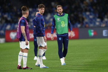 Napoli, İtalya 23.03.2023: Uefa Avrupa Kalifiye Ligi 2024 Grubu C Grubu futbol karşılaşması öncesinde İtalya 'nın Napoli kentinde bulunan Diego Armando Maradona Stadyumu' nda oynanan maç öncesi Harry Kane.