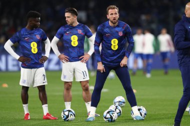 Napoli, İtalya 23.03.2023: Uefa Avrupa Kalifiye Ligi 2024 Grubu C Grubu futbol karşılaşması öncesinde İtalya 'nın Napoli kentinde bulunan Diego Armando Maradona Stadyumu' nda oynanan maç öncesi Harry Kane.