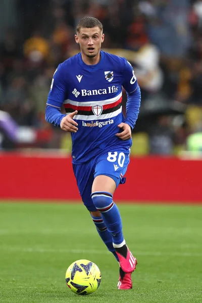 Roma, İtalya 2.04.2023: Michale Cuisance (Samp) Serie A 2022 / 2023 şampiyonluk maçında, AS Roman ve UC Sampdoria arasında İtalya 'nın başkenti Roma' daki Olimpiyat stadyumunda oynanan karşılaşma.