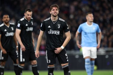 Roma, İtalya 08.04.2023: Manuel Locatelli (Juventus) Serie A 2022 / 2023 şampiyonluk maçında SS Lazio ile FC Juventus Torino arasında İtalya 'nın başkenti Roma' daki Olimpiyat Stadyumu 'nda oynanan karşılaşma..