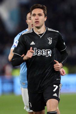 Roma, İtalya 08.04.2023: Federico Chiesa (Juventus) Serie A 2022 / 2023 şampiyonluk maçında SS Lazio ile FC Juventus Torino arasında İtalya 'nın başkenti Roma' daki Olimpiyat Stadyumu 'nda oynanan karşılaşma..