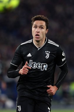 Roma, İtalya 08.04.2023: Federico Chiesa (Juventus) Serie A 2022 / 2023 şampiyonluk maçında SS Lazio ile FC Juventus Torino arasında İtalya 'nın başkenti Roma' daki Olimpiyat Stadyumu 'nda oynanan karşılaşma..