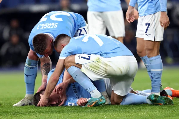 stock image Rome, Italy 08.04.2023: Nicolo Casale (Lazio) injured    during the Serie A 2022/2023 championship soccer match, day 29, between SS Lazio vs FC Juventus Turin at Olympic stadium in Rome, Italy.