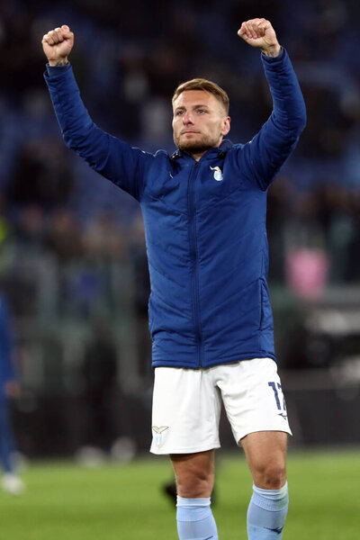 Rome, Italy 08.04.2023: Lazio players  (immobile) celebrate victory at end of the Serie A 2022/2023 championship soccer match, day 29, between SS Lazio vs FC Juventus Turin at Olympic stadium in Rome, Italy.