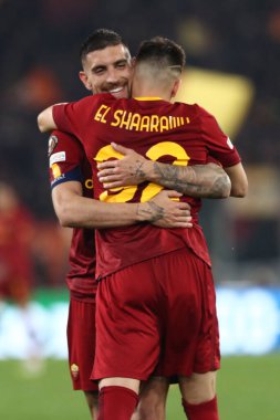 Roma, İtalya 20.04.2023: Romanlardan Stephan EL Shaarawy golü attı ve Uefa Avrupa Ligi 2023, çeyrek final, AS Roman Feyenoord 'a karşı İtalya' nın Roma kentindeki Olimpiyat stadyumunda oynanan Uefa Avrupa Ligi futbol karşılaşmasını kutladı..