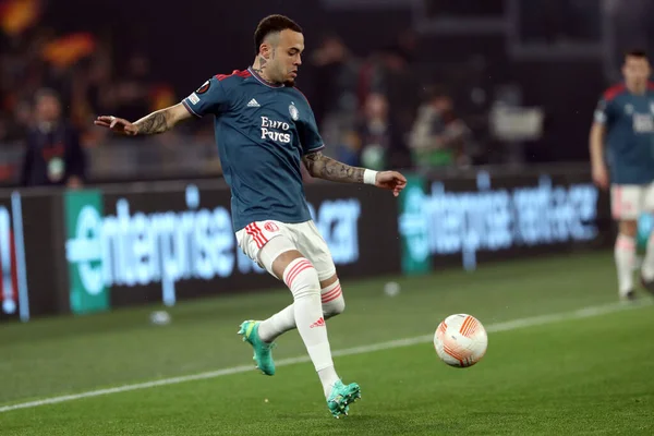 stock image Rome, Italy 20.04.2023: Quilindschy Hartman of Feyenoordin action during the Uefa Europa League 2023 football match, quarter finals, AS Roma vs Feyenoord  at Olympic stadium in Rome, Italy.