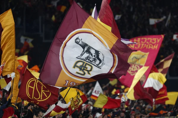 Rome Italy 2023 Roma Fans Flags Stand Uefa Europa League — 스톡 사진