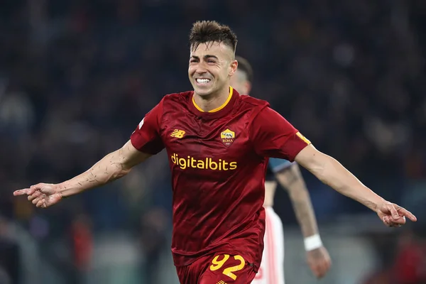 stock image Rome, Italy 20.04.2023: Stephan EL Shaarawy of Roma score the goal and celebrate during the Uefa Europa League 2023 football match, quarter finals, AS Roma vs Feyenoord  at Olympic stadium in Rome, Italy.