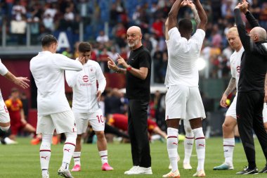 Roma, İtalya 29.04.2023: MIlan ısınma antrenörü Stefano Pioli (Milan) Serie A 2022 / 2023 futbol maçından önce, 32. gün, AS ROMA - AC MILAN arasındaki Roma Olimpiyat Stadyumu, İtalya.