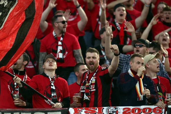 stock image Rome, Italy 11.05.2023:  Leverkusen supporters on the stand in the UEFA EUROPA LEAGUE 2022/2023, semifinal football match AS Roma vs Bayer 04 Leverkusen at Olympic stadium in Rome, Italy.