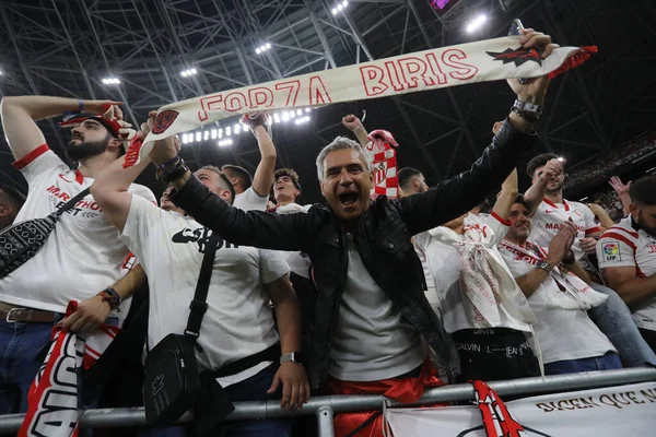 stock image Budapest, Hungary: 31.05.2023: Sivilla fans celebrate victory  at end of  the Final UEFA Europa League 2023  match between Sevilla FC vs AS Roma at Puskas Arena of Budapest in Hungar