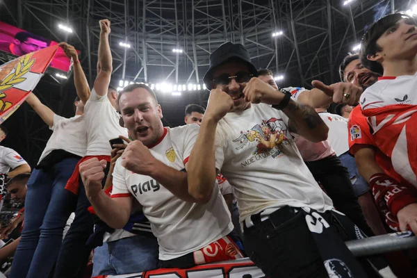 stock image Budapest, Hungary: 31.05.2023: Sivilla fans celebrate victory  at end of  the Final UEFA Europa League 2023  match between Sevilla FC vs AS Roma at Puskas Arena of Budapest in Hungar