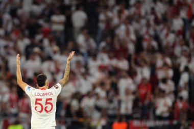 Budapeşte, Macaristan: 31.05.2023: Hungar 'daki Puskas Arena' da Sevilla FC ile AS Romanlar arasında oynanan UEFA Avrupa Ligi 2023 maçında Ocampos