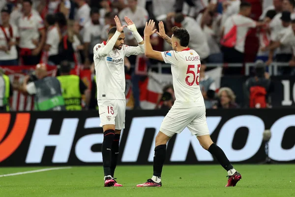 stock image Budapest, Hungary: 31.05.2023: Ocampos of Sivilla score the goal and celebrate with the team during the Final UEFA Europa League 2023  match between Sevilla FC vs AS Roma at Puskas Arena of Budapest in Hungar