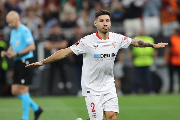 stock image Budapest, Hungary: 31.05.2023: Gonzalos Montiel score last penalty and celebrate during the Final UEFA Europa League 2023  match between Sevilla FC vs AS Roma at Puskas Arena of Budapest in Hungar