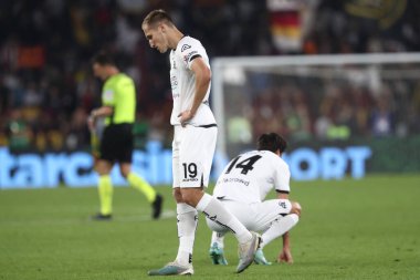 Roma, İtalya 4.06.2023: Serie A 2022 / 2023 futbol maçının sonunda AS Romanları Spezia Calcio 2008 ile İtalya 'nın başkenti Roma' daki Olimpiyat Stadyumu arasında oynanan 36..