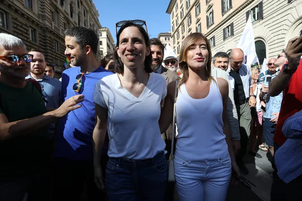 stock image Rome, Italy 10.06.2023:  Elly Schlein, secretary of the pd, participates in gay pride 2023 in Rome Gaypride through the streets of the capital Rome up to the Colosseum.