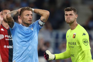 Roma, İtalya 27.08.2023: Ciro Immobile of Lazio, İtalya Serie A TIM 2023-2024 futbol maçının 2. gününde, SS Lazio ile Cenova CFC arasında Roma Olimpiyat Stadyumu 'nda oynanan karşılaşmada hayal kırıklığı yaşadı..
