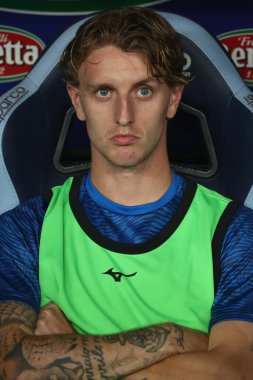 Roma, İtalya 27.08.2023: Lazio 'lu Nicolo Rovella, İtalya Serie A TIM 2023-2024 futbol karşılaşmasının 2. gününde Roma' daki Olimpiyat Stadyumu 'nda SS Lazio ile Genoa CFC arasında hareket halinde..