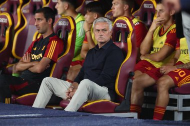 Roma, İtalya 01.09.2023: İtalya Serie A TIM 2023-2024 futbol karşılaşmasında Jose Mourinho Roma Olimpiyat Stadyumu 'nda AS Romanlar AC Milan' a karşı..