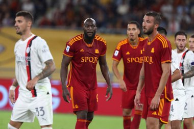 Roma, İtalya 01.09.2023: Roma 'dan Romelu Lukaku İtalya Serisi A TIM 2023-2024 futbol maçının 3. gününde, AS Roma' dan AC Milan 'a karşı Roma Olimpiyat Stadyumu' nda oynanan karşılaşmada.