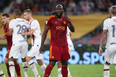 Roma, İtalya 01.09.2023: Roma 'dan Romelu Lukaku İtalya Serisi A TIM 2023-2024 futbol maçının 3. gününde, AS Roma' dan AC Milan 'a karşı Roma Olimpiyat Stadyumu' nda oynanan karşılaşmada.