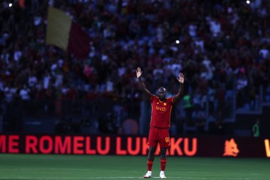 Roma, İtalya 01.09.2023: Romelu Lukaku sunumu İtalya Serie A TIM 2023-2024 futbol karşılaşmasının 3. gününde, AS Romanlar AC Milan 'a karşı Roma Olimpiyat Stadyumu' nda.