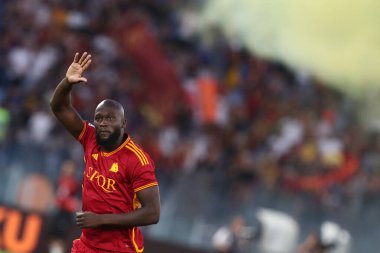 Roma, İtalya 01.09.2023: Romelu Lukaku sunumu İtalya Serie A TIM 2023-2024 futbol karşılaşmasının 3. gününde, AS Romanlar AC Milan 'a karşı Roma Olimpiyat Stadyumu' nda.