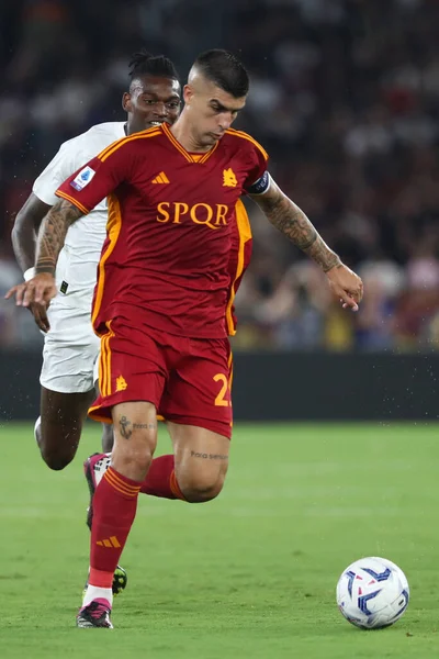 Roma, İtalya 01.09.2023: Roma 'dan Gianluca Mancini İtalya Serie A TIM 2023-2024 futbol karşılaşması sırasında Roma Olimpiyat Stadyumu' nda AS Roman AC Milan 'a karşı.