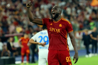 Rome, Italy 17.09.2023:  Romelu Lukaku of Roma score the first goal and celebrate with the team during the Italy Serie A TIM 2023-2024 football match day 4, between AS Roma vs Empoli FC at Olympic Stadium in Rome. clipart