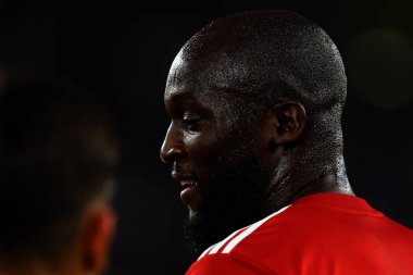 Roma, İtalya 17.09.2023: Roma 'dan Romelu Lukaku İtalya Serie A TIM 2023-2024 futbol karşılaşması öncesinde Roma Olimpiyat Stadyumu' nda AS Roman - Empoli FC arasındaki ısınma turunda görülüyor..