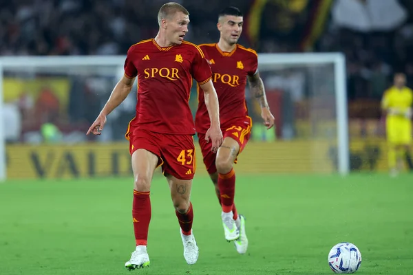 Stock image Rome, Italy 17.09.2023: Rasmus Kristensen of Roma, Gianluca Mancini of Roma in action during the Italy Serie A TIM 2023-2024 football match day 4, between AS Roma vs Empoli FC at Olympic Stadium in Rome.