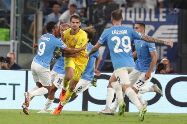 Roma, İtalya 19.09.2023: Lazio kalecisi Ivan Provedel golü attı ve Uefa Şampiyonlar Ligi 2023-2024, E grubu ile Roma Olimpiyat Stadyumu 'nda SS Lazio ve Atletico de Madrid arasında kutladı..