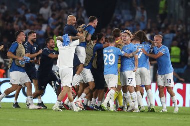 Roma, İtalya 19.09.2023: Lazio kalecisi Ivan Provedel golü attı ve Uefa Şampiyonlar Ligi 2023-2024, E grubu ile Roma Olimpiyat Stadyumu 'nda SS Lazio ve Atletico de Madrid arasında kutladı..