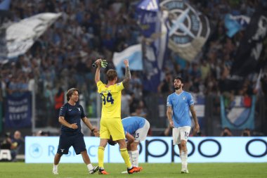 Roma, İtalya 19.09.2023: Lazio kalecisi Ivan Provedel golü attı ve Uefa Şampiyonlar Ligi 2023-2024, E grubu ile Roma Olimpiyat Stadyumu 'nda SS Lazio ve Atletico de Madrid arasında kutladı..