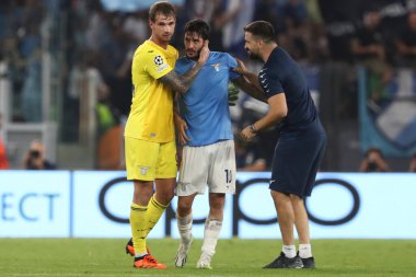 Roma, İtalya 19.09.2023: Lazio kalecisi Ivan Provedel golü attı ve Uefa Şampiyonlar Ligi 2023-2024, E grubu ile Roma Olimpiyat Stadyumu 'nda SS Lazio ve Atletico de Madrid arasında kutladı..