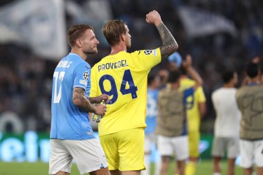 Roma, İtalya 19.09.2023: Lazio kalecisi Ivan Provedel golü attı ve Uefa Şampiyonlar Ligi 2023-2024, E grubu ile Roma Olimpiyat Stadyumu 'nda SS Lazio ve Atletico de Madrid arasında kutladı..