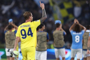Roma, İtalya 19.09.2023: Lazio kalecisi Ivan Provedel golü attı ve Uefa Şampiyonlar Ligi 2023-2024, E grubu ile Roma Olimpiyat Stadyumu 'nda SS Lazio ve Atletico de Madrid arasında kutladı..