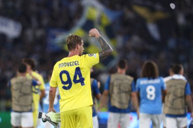 Roma, İtalya 19.09.2023: Lazio kalecisi Ivan Provedel golü attı ve Uefa Şampiyonlar Ligi 2023-2024, E grubu ile Roma Olimpiyat Stadyumu 'nda SS Lazio ve Atletico de Madrid arasında kutladı..