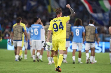 Roma, İtalya 19.09.2023: Lazio kalecisi Ivan Provedel golü attı ve Uefa Şampiyonlar Ligi 2023-2024, E grubu ile Roma Olimpiyat Stadyumu 'nda SS Lazio ve Atletico de Madrid arasında kutladı..