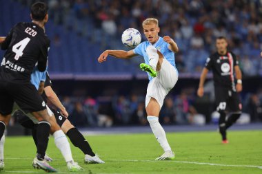 Roma, İtalya 23.09.2023: Lazio 'dan Gustav Isaksen İtalya Serie A TIM 2023-2024 5 futbol karşılaşması sırasında Roma Olimpiyat Stadyumu' nda SS Lazio 'ya karşı AC Monza.