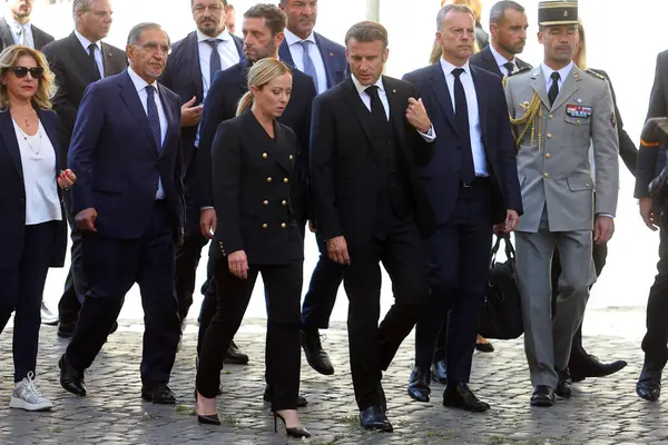 Rom Italien 2023 Premierministerin Giorgia Meloni Und Staatspräsident Emmanuel Macron — Stockfoto