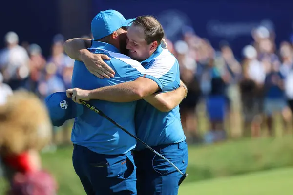 stock image Rome, Italy 29.09.2023:  Shane Lowry of Europe, Sepp Straka of Europe celebrate victory in Foursomes Session at RYDER CUP 2023 at Marco Simone Golf & Country Club di Guidonia Montecelio, Roma