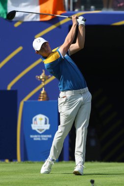 Roma, İtalya 01.10.2023: Matt FITZPATRICK tekli maçlarda ve Avrupa takımı RYDER CUP 2023 'te Marco Simone Golf Country Club di Guidonia Montecelio, Roma