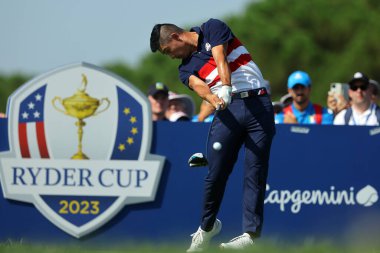 Roma, İtalya 01.10.2023: Collin MORIKAWA tekler ve Avrupa takımı RYDER CUP 2023 'te Marco Simone Golf Country Club di Guidonia Montecelio, Roma