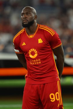 Roma, İtalya 05.10.2023: Romanlardan Romelu Lukaku UEFA Avrupa Ligi 2023-2024, G grubu, AS Roman Servette FC ile Roma 'daki Olimpiyat Stadyumu' nda oynanan futbol karşılaşması.