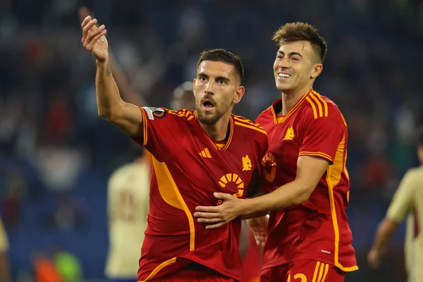 stock image Rome, Italy 05.10.2023: Lorenzo Pellegrini of Roma score the goal 3-0 and celebrates  during the UEFA Europa League 2023-2024, group G, football match between AS Roma vs Servette FC at Olympic Stadium in Rome.