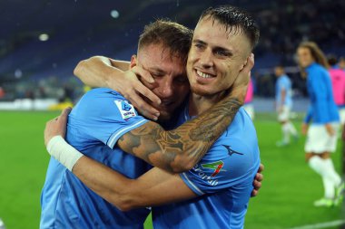 Roma, İtalya 30.10.2023: Lazio 'lu Ciro Immobile penaltıyı 1-0 yendi ve İtalya Serie A TIM 2023-2024 futbol karşılaşmasının 10. gününde Roma Olimpiyat Stadyumu' nda SS Lazio ile ACF Fiorentina arasında kutluyor..